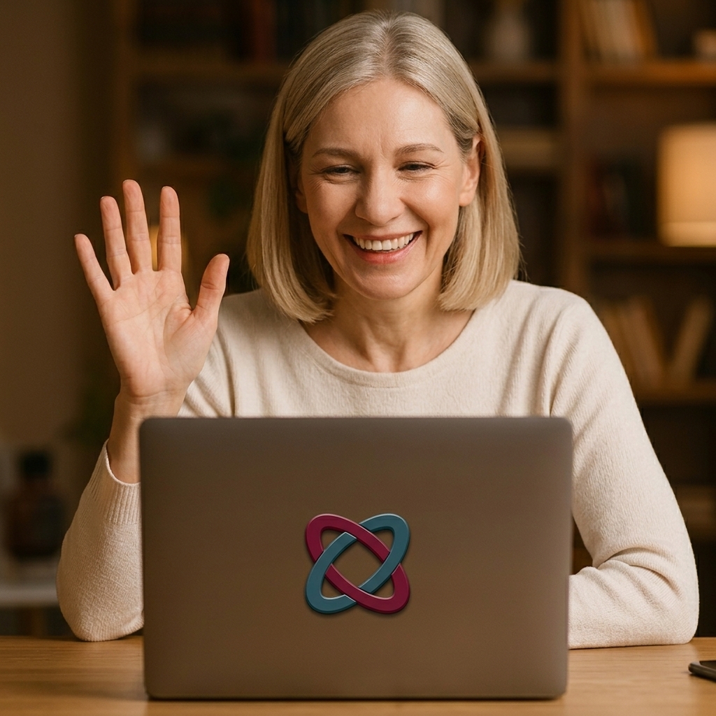 Eine Frau winkt fröhlich in ihren Laptop mit Freizeitring-Logo